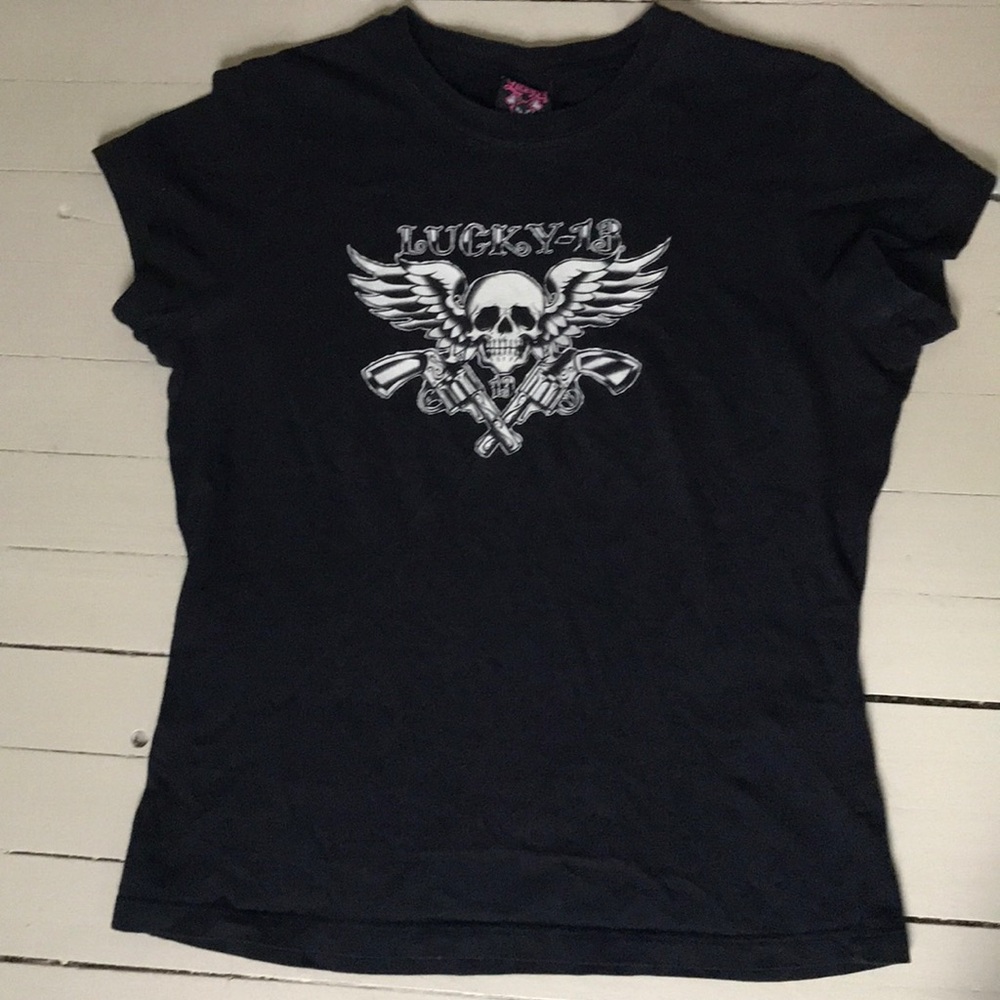 Lucky 13 black skull t-shirt, old school Hot Topic